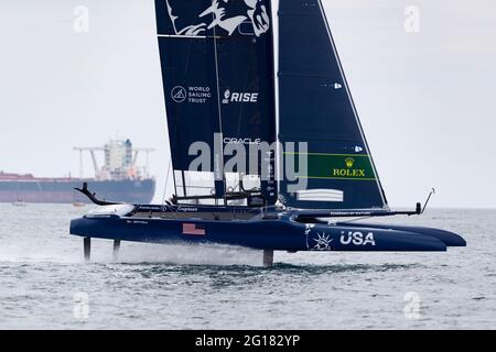 Taranto, Italia. 05 giugno 2021. F50 USA Team durante il Sail Grand Prix 2021 (Day 1), gara di vela a Taranto, Italia, Giugno 05 2021 Credit: Independent Photo Agency/Alamy Live News Foto Stock