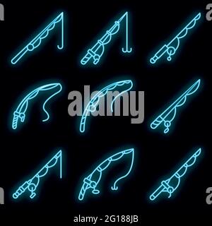 Set di icone canna da pesca. Contorno insieme di icone vettore canna da pesca colore neon su nero Illustrazione Vettoriale