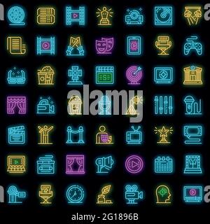 Set di icone sceniche. Contorno insieme di icone vettoriali di regia di scena colore neon su nero Illustrazione Vettoriale