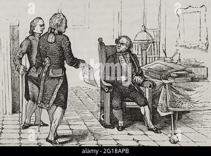 Gaspar Melchor de Jovellanos (1744-1811). Statista spagnolo dell'era dell'Illuminismo. Jovellanos è rimasto sconvolto nel ricevere la nomina di ambasciatore in Russia. Manuel Godoy intendeva attuare alcune riforme e coinvolgere importanti persone illuminate, offrendo a Jovellanos il ruolo di ambasciatore nel 1797, che egli rifiutò. Incisione. Historia del Levantamiento, guerra y Revolución de España della Conde de Toreno. Madrid, 1851. Foto Stock