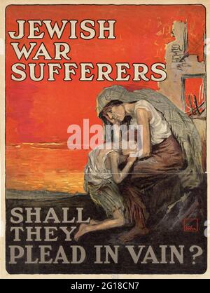 Un vecchio poster della seconda guerra mondiale che mostra i rifugiati ebrei con lo slogan dei malati di guerra ebraica imploreranno invano Foto Stock