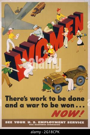 Un poster americano della seconda guerra mondiale reclutando le donne in un lavoro di produzione di guerra Foto Stock