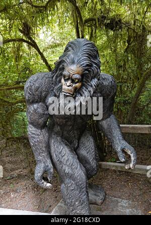 Una statua di bigfoot o Sasquatch negli alberi di Mystery attrazione stradale a Klamath, California Foto Stock