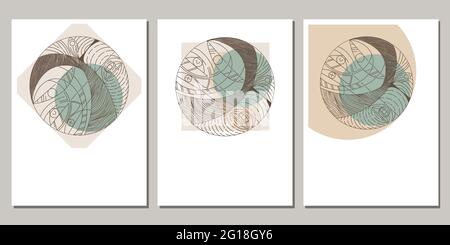 Set di poster in stile scandinavo minimalista boho. Striscioni vettoriali con fogliame di arte astratta e forme disegnate a mano. Adatto per la stampa di copertine o di copertine. Illustrazione Vettoriale