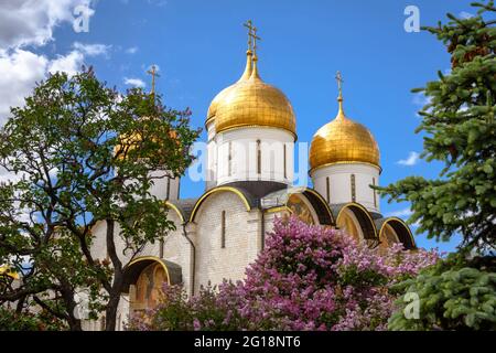 Cattedrale della Dormizione (Assunzione) all'interno del Cremlino di Mosca, Russia. Bella vista panoramica della vecchia cattedrale ortodossa russa, punto di riferimento di Mosca. Antica chiesa Foto Stock