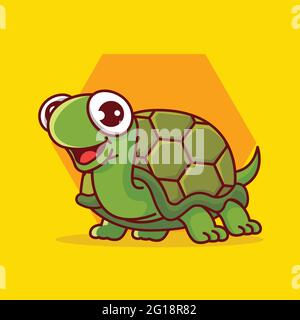 Cartoon cute tartaruga sorridente strisciando su sfondo esagonale Illustrazione Vettoriale
