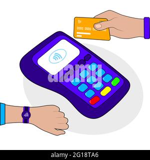 Pagamento senza contatto. Carta di credito. Tecnologia NFC PER terminali POS. Vettore Illustrazione Vettoriale