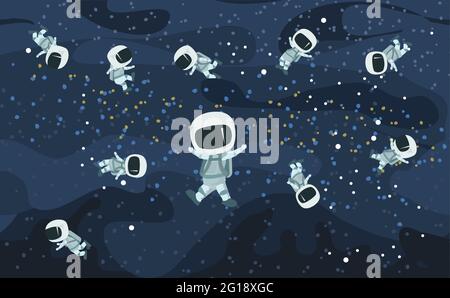 Astronauti in spacesuiti. Sfondo COSMOS. Illustrazione dei bambini. Cielo stellato paesaggio. Colori scuri. Stile piatto. Disegno di cartone animato. Vettore Illustrazione Vettoriale