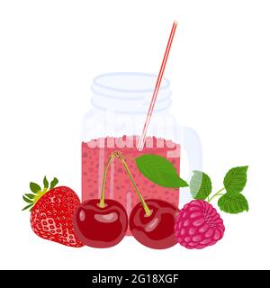 Succo naturale estivo di frutta e bacche in un vaso di vetro con manico e paglia. Cocktail di fragola, lampone e ciliegia isolati su bianco Illustrazione Vettoriale