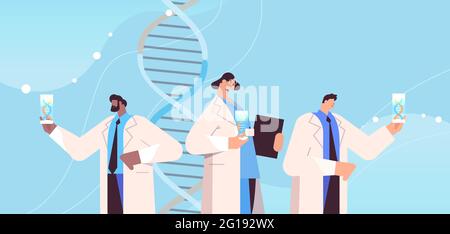 Mix di scienziati di razza che lavorano con i ricercatori del DNA facendo esperimenti in laboratorio DNA test genetico concetto di diagnosi Illustrazione Vettoriale