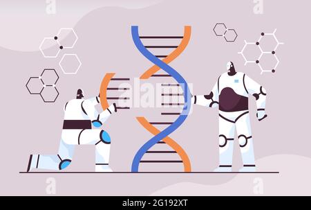 Scienziati robotici che lavorano con i ricercatori di robot di DNA che fanno esperimenti nella diagnosi genetica di test del DNA di laboratorio Illustrazione Vettoriale