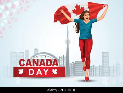 Happy Canada giorno 1 luglio, ragazza che corre con bandiera Canada. Illustrazione vettoriale. Biglietto di auguri design Illustrazione Vettoriale