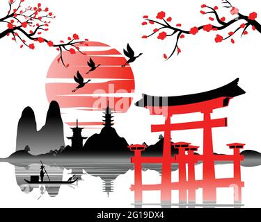 Arte giapponese con l'antico design della porta Torii e la bella natura del Giappone, illustrazione vettoriale Illustrazione Vettoriale