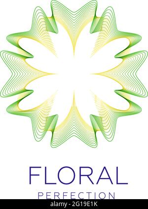 Fantastica icona floreale, forma astratta con molte linee di fusione e colori sfumati. Illustrazione vettoriale. Testo campione - perfezione floreale. Illustrazione Vettoriale