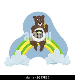 Carino orso seduto su un arcobaleno e tenendo una pentola di miele nelle sue zampe, bambini illustrazione vettoriale in stile cartoon, piatto, isolato Illustrazione Vettoriale