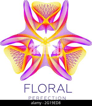 Fantastica icona floreale, forma astratta con molte linee di fusione e colori sfumati. Illustrazione vettoriale. Testo campione - perfezione floreale. Illustrazione Vettoriale