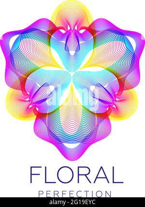 Fantastica icona floreale, forma astratta con molte linee di fusione e colori sfumati. Illustrazione vettoriale. Testo campione - perfezione floreale. Illustrazione Vettoriale