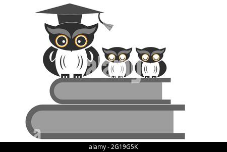 OWL seduto su libri isolati, rendering 3D Foto Stock