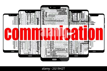 Comunicazione word cloud su schermo smartphone, rendering 3D Foto Stock