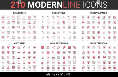 Strumenti di disegno di Web site, sviluppo di fotoricettore, insieme sottile di illustrazione vettoriale di icona di linea nera di video gioco. Ricerca di scienza dei dati lineare, ottimizzazione seo, social media pubblicità business vision raccolta Illustrazione Vettoriale