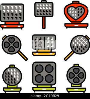 Set di icone vettoriali per waffle-ferro. Collezione di logo in ferro da stiro e waffle da cucina a colori in stile semplice. Per il web design isolato su sfondo bianco. Illustrazione Vettoriale