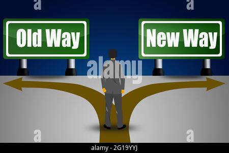 Due cartelli di direzione verdi, Old Way o New Way, rendering 3D Foto Stock