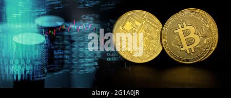 modello di moneta golden bit e grafico del mercato azionario per il commercio di finanza di valuta cripto su fondo nero del banner Foto Stock