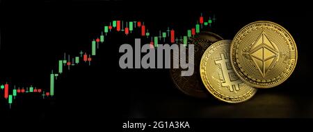 golden Ethereum bit moneta modello e grafico del mercato azionario per il settore della finanza criptovaluta su fondo nero banner Foto Stock
