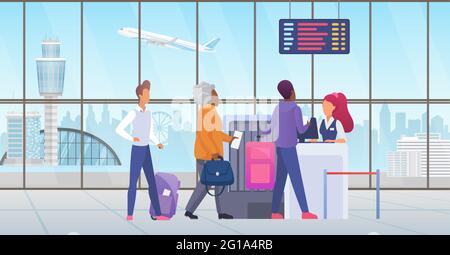 Persone passeggeri all'aeroporto internazionale check-in illustrazione vettore. Cartoon personaggi turistici in fila prima del viaggio, sportello della compagnia aerea per il controllo dei documenti dei biglietti sfondo Illustrazione Vettoriale