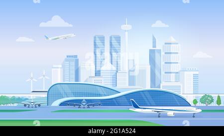 Terminal dell'aeroporto con aeroplani, illustrazione vettoriale dello skyline della città moderna. Cartoon panorama urbano con architettura delle compagnie aeree, aeromobili sulla pista, torri di grattacieli business sfondo Illustrazione Vettoriale