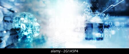 tecnologia di intelligenza artificiale con becher scienza medica laboratorio bianco salute molecolare scienza business fondo banner blu Foto Stock