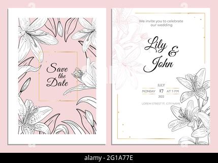 Lily Wedding Invitation Card, salvare il modello di data. Fiori di giglio bianchi e neri e foglie con cornice dorata su sfondo rosa. Annata disegnata a mano Illustrazione Vettoriale