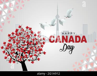 Happy Canada Day Vector Template Design Illustrazione. Bandiera albero con piccione di volo. Illustrazione Vettoriale