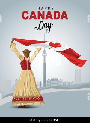 Happy Canada giorno 1 luglio, ragazza con bandiera Canada. Illustrazione vettoriale. Biglietto di auguri design Illustrazione Vettoriale