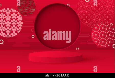 Piattaforma e studio 3D, podio di presentazione. Festoso sfondo lanterne appesi, motivi. Supporto rotondo rosso. Vettore Illustrazione Vettoriale