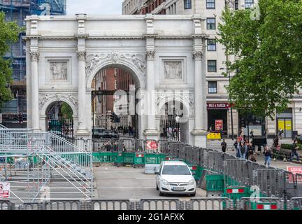 Marble Arch è un marmo bianco del 19 ° secolo fronteggiato arco trionfale.UK, Londra, 29 maggio 2021 Foto Stock