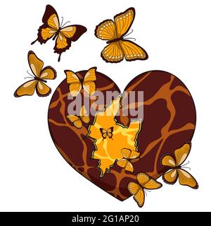 Illustrazione con un cuore rotto e farfalle. Illustrazione Vettoriale