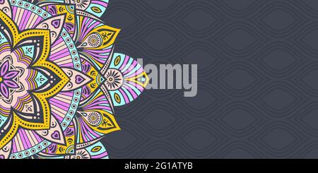 Banner mandala orizzontale. Fiore decorativo mandala sfondo con posto per il testo. Colore mandala su sfondo scuro. Stile arabo islamico. Illustrazione Vettoriale