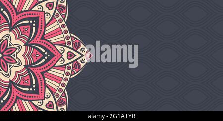 Banner mandala orizzontale. Fiore decorativo mandala sfondo con posto per il testo. Colore mandala su sfondo scuro. Stile arabo islamico. Illustrazione Vettoriale
