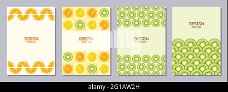 Set di volantini, poster, striscioni, cartelloni, modelli per la progettazione di brochure formato A6. Sfondi con fette di arancio, limone e kiwi. Frutta. Illustrazione Vettoriale