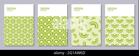 Set di volantini, poster, striscioni, cartelloni, modelli per la progettazione di brochure formato A6. Sfondi con fette di kiwi. Frutta composizioni luminose. Vettore. Illustrazione Vettoriale
