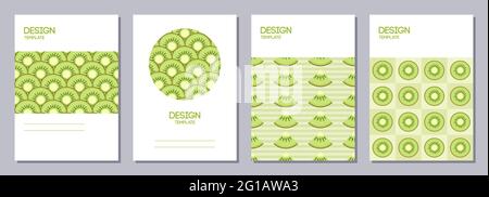 Set di volantini, poster, striscioni, cartelloni, modelli per la progettazione di brochure formato A6. Sfondi con fette di kiwi. Frutta composizioni luminose. Vettore. Illustrazione Vettoriale