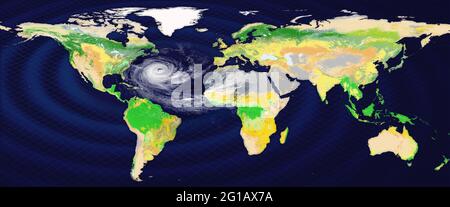 Uragano gigante nell'Oceano Atlantico sull'atlante del mondo con cerchi concentrici dall'epicentro. Gli elementi di questa immagine forniti da NA Foto Stock