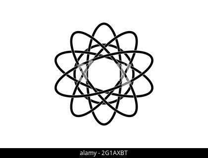 Pittogramma dell'atomo. Modello logo linea nera in stile nodo celtico su sfondo bianco. Simbolo tribale in forma di mandala circolare. Disegno del segno di tatuaggio Illustrazione Vettoriale
