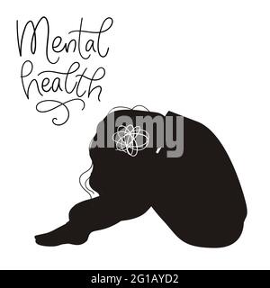 Concetto di salute mentale. Silhouette femminile triste con depressione seduta sul pavimento. Illustrazione vettoriale colorata in stile cartoon piano Illustrazione Vettoriale