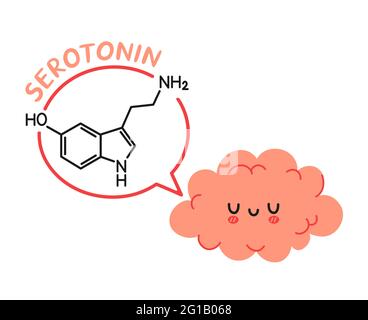 Simpatico simpatico personaggio di organo cerebrale umano e formula serotonina nella bolla del parlato. Icona raffigurante il carattere kawaii del fumetto disegnato a mano del vettore. Chimica del cervello, concetto di carattere cartoon serotonino Illustrazione Vettoriale