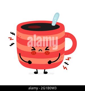 Carino divertente tazza di caffè triste. Icona raffigurante il carattere kawaii del fumetto disegnato a mano del vettore. Isolato su sfondo bianco. Tazza di caffè o tè, concetto di carattere tazza Illustrazione Vettoriale