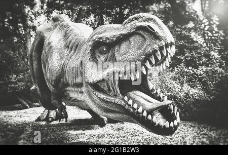 Jurassic Park. Dino Deluxe Expressionism Dinosaur Tyrannosaurus Rex come Poster Panorama. T.Rex nel selvaggio come una stampa pop art. Foto Stock