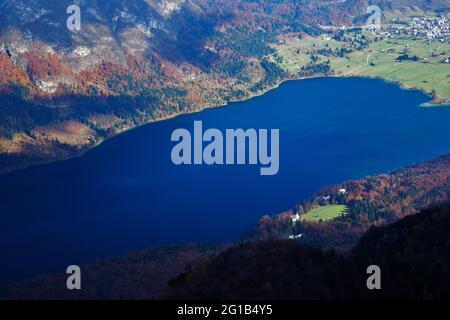 Vista sul lago di Bohinj in un giorno d'autunno, vista dalla stazione sciistica di Vogel Mountain, Parco Nazionale del Triglav, Slovenia. Foto Stock