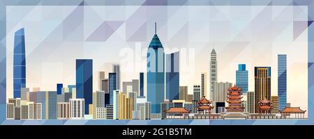 Wuhan skyline vettore poster colorato su uno splendido sfondo triangolare texture Illustrazione Vettoriale